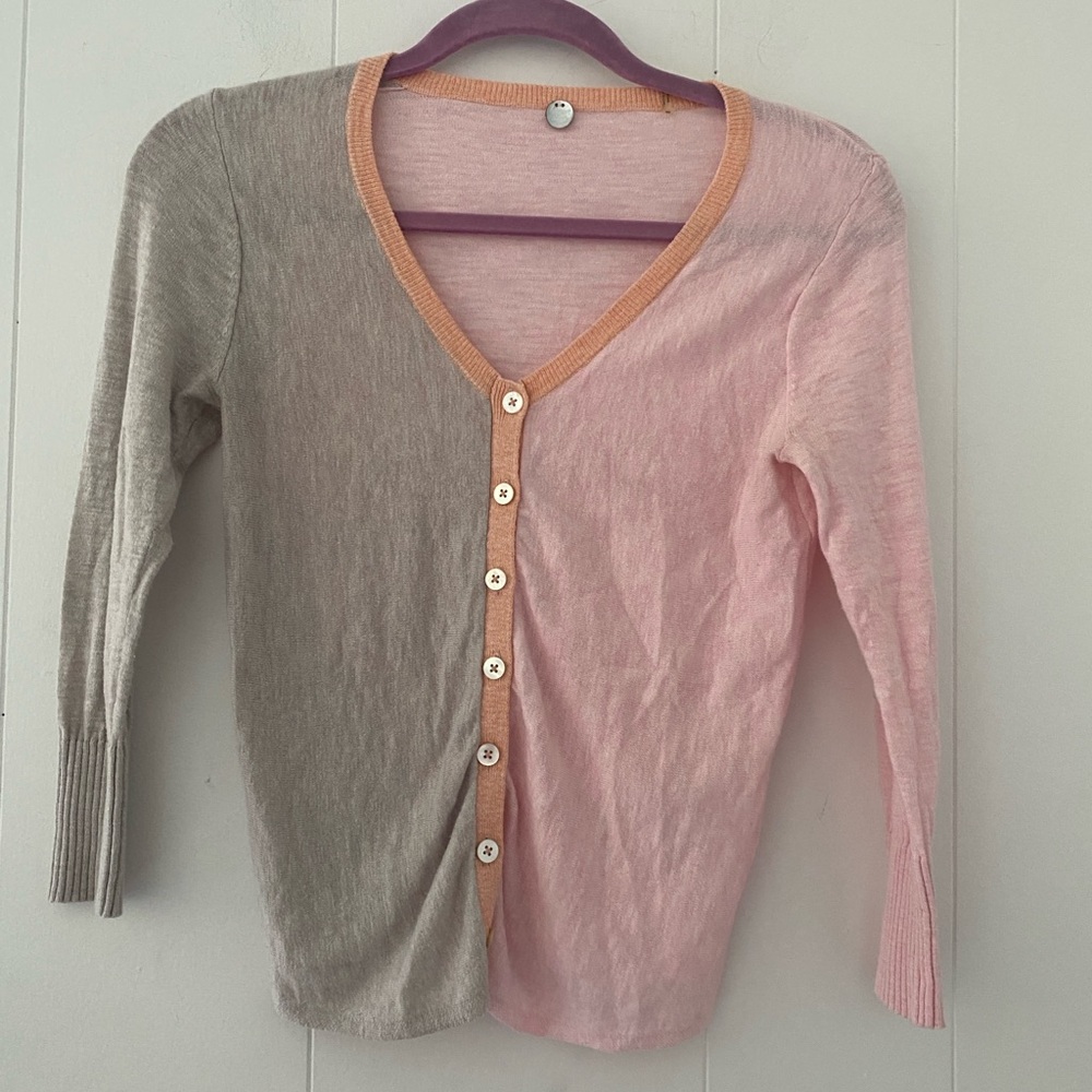 Margaret O'Leary Two-Tone Pink Gray Block V-Neck Button-Up Cardigan Size XS